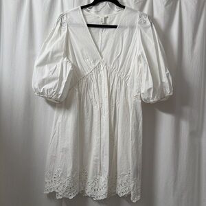 H&M Eyelet Embroidery White Cotton Dress w/ 3/4 Balloon Sleeves | Size: M